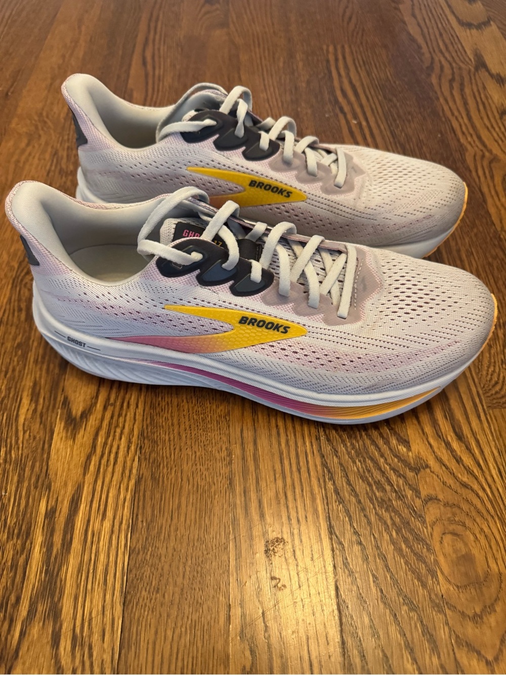 Brooks Women’s Ghost Running Shoes - White with Yellow and Pink Accents